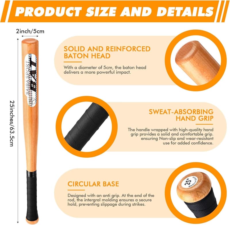 DIY Classic Wooden Baseball Bat with 3 Soft Balls for Kids