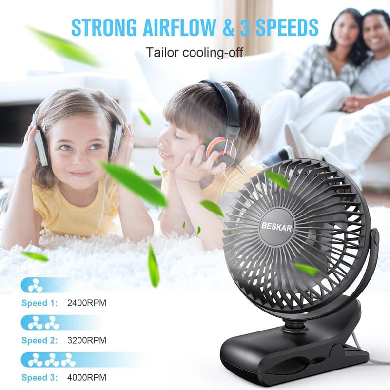 USB Clip-on Fan with 3 Speeds - Ultra Quiet for Office & Home