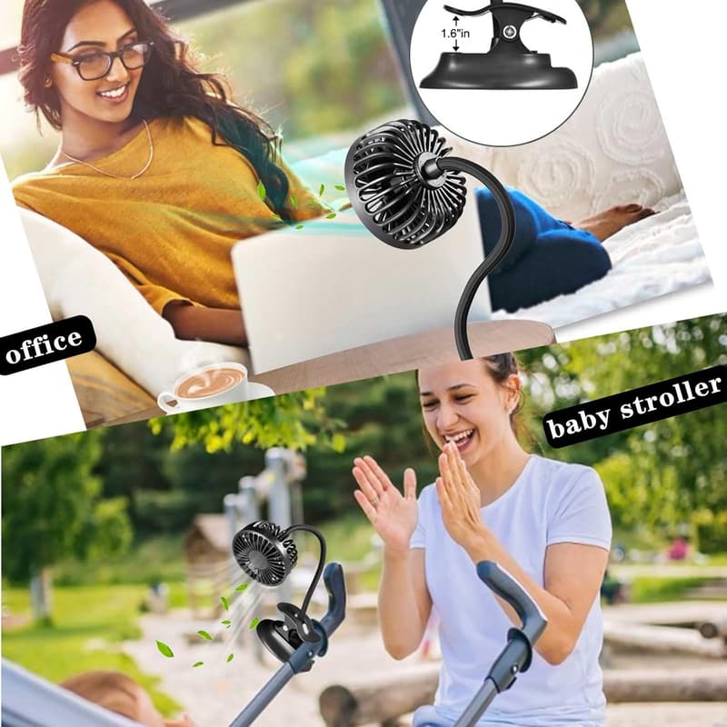 Portable USB Rechargeable Clip-On Fan with Power Bank - Black