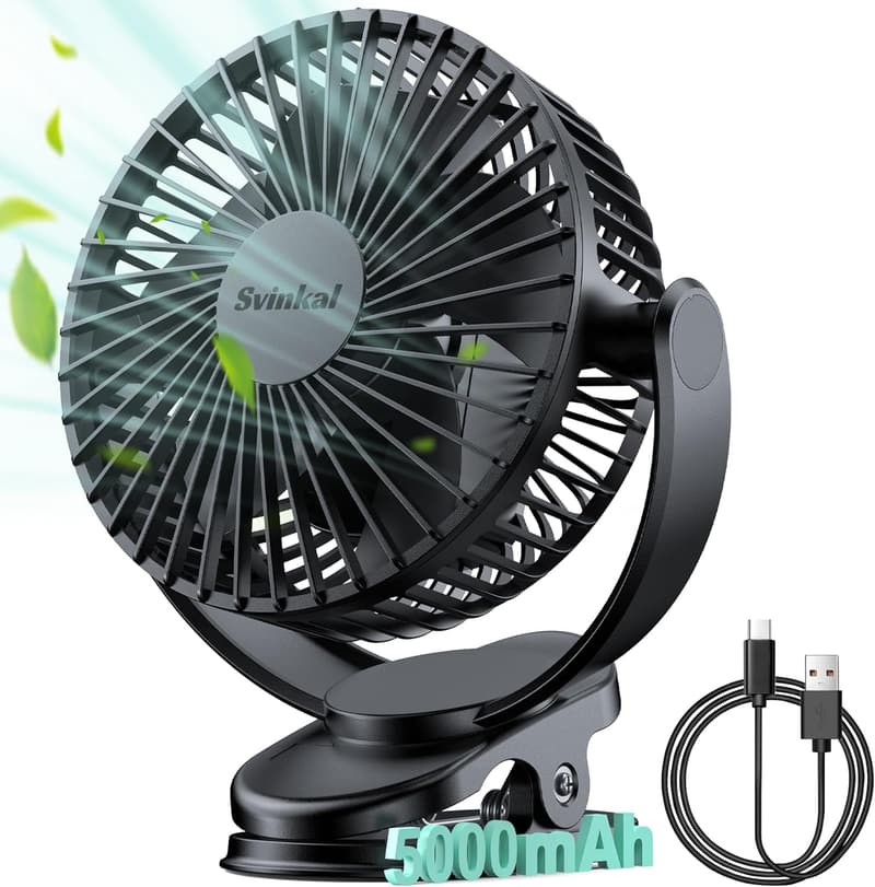 Portable USB Clip-On Fan with 5000mAh Battery, 3 Speeds