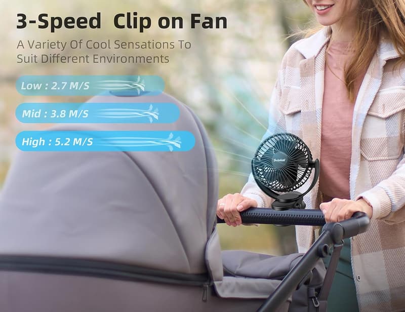 Portable USB Clip-On Fan with 5000mAh Battery, 3 Speeds