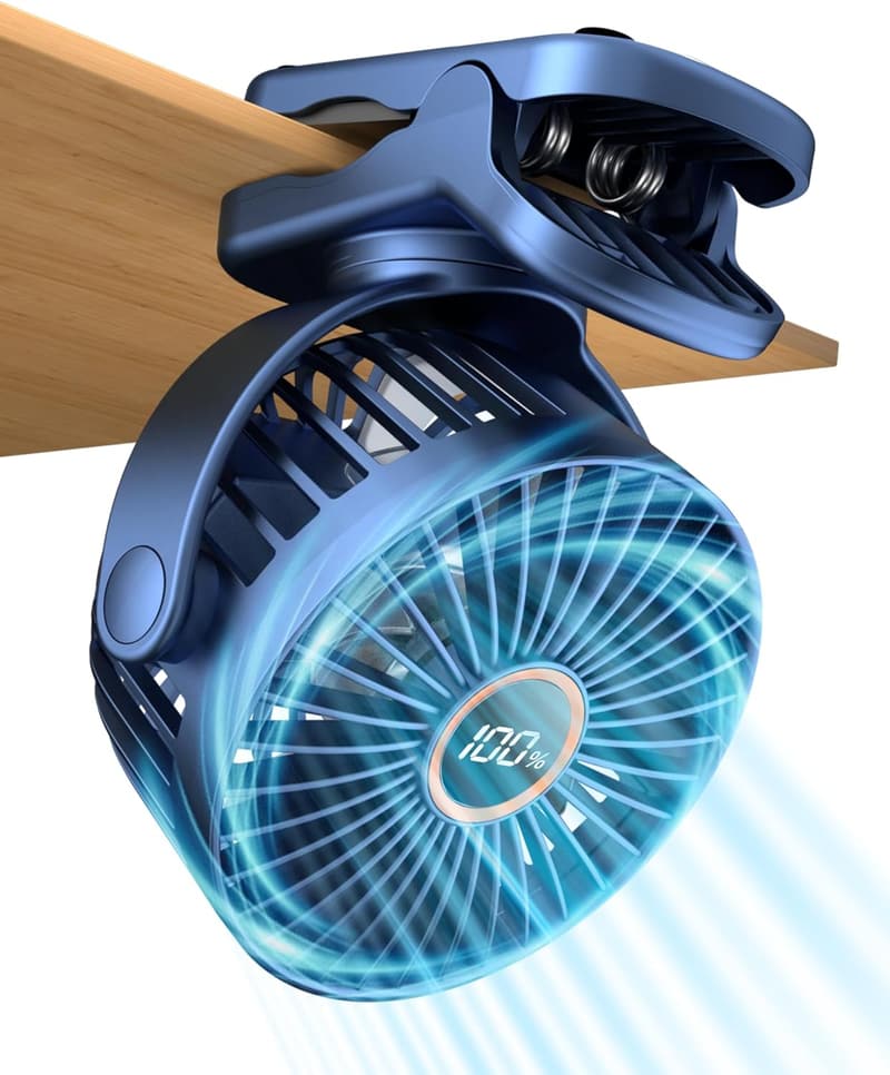 Rechargeable Mini Fan with LED Display - 3-Speed, Clip-On, Blue