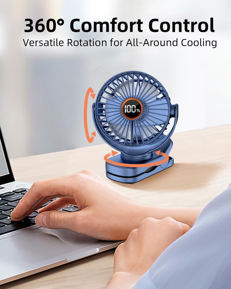 Rechargeable Mini Fan with LED Display - 3-Speed, Clip-On, Blue