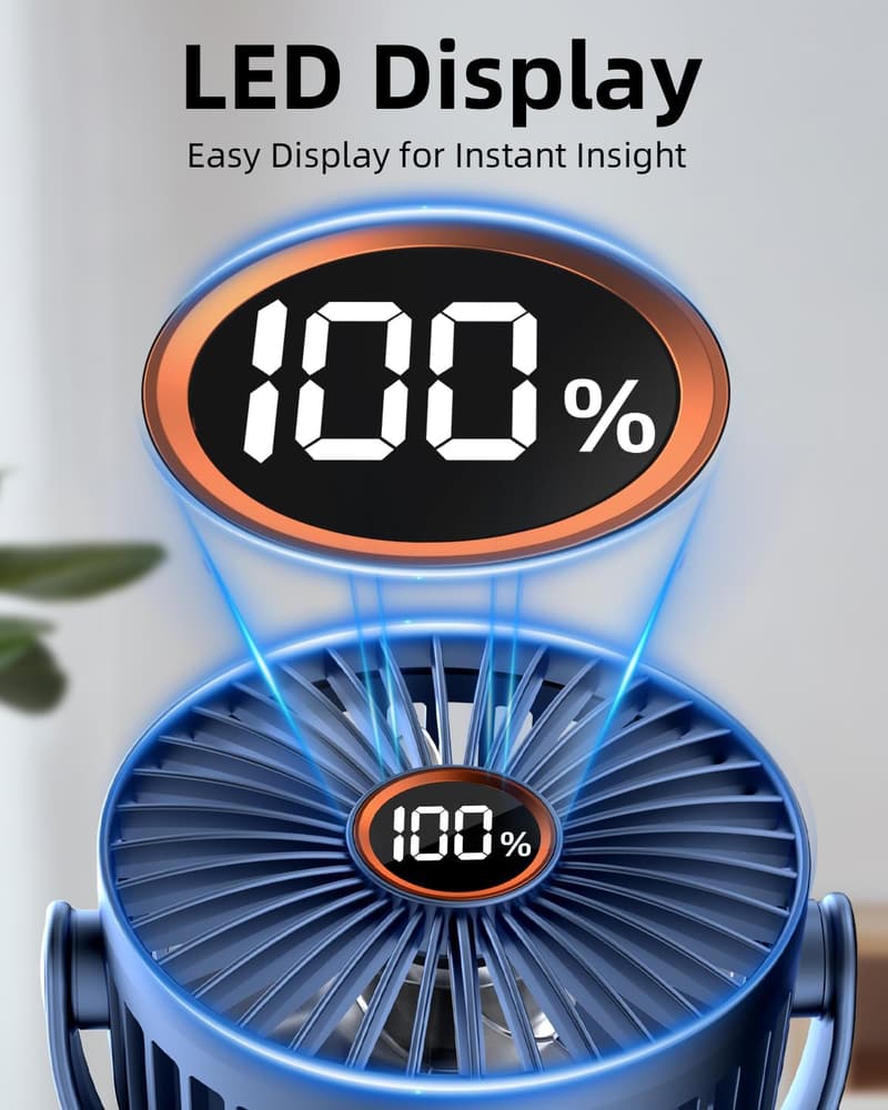 Rechargeable Mini Fan with LED Display - 3-Speed, Clip-On, Blue