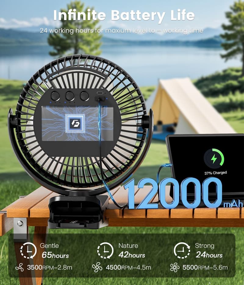 Portable 8-inch Rechargeable Clip-On Fan with 3 Speeds