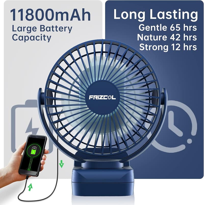 Portable Clip-On Fan with LED Lights - 65-Hour Rechargeable Battery