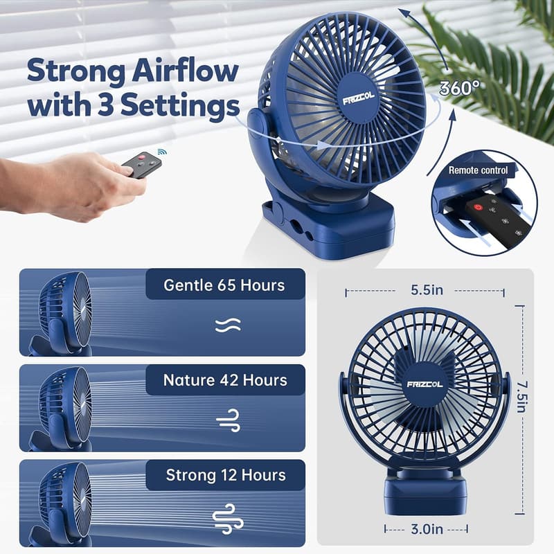Portable Clip-On Fan with LED Lights - 65-Hour Rechargeable Battery