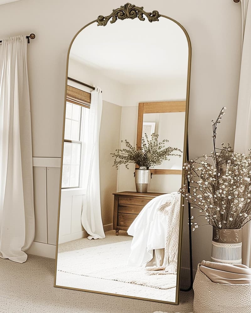 Arched Full-Length Freestanding Mirror with Carved Metal Frame