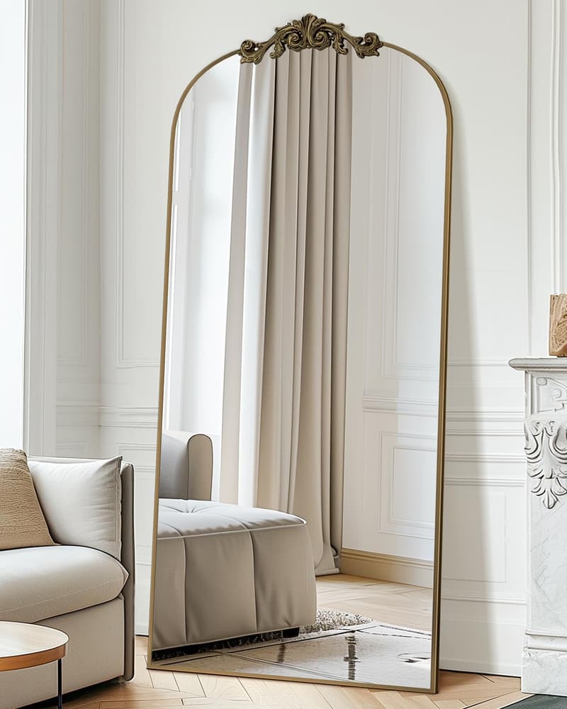 Arched Full-Length Freestanding Mirror with Carved Metal Frame