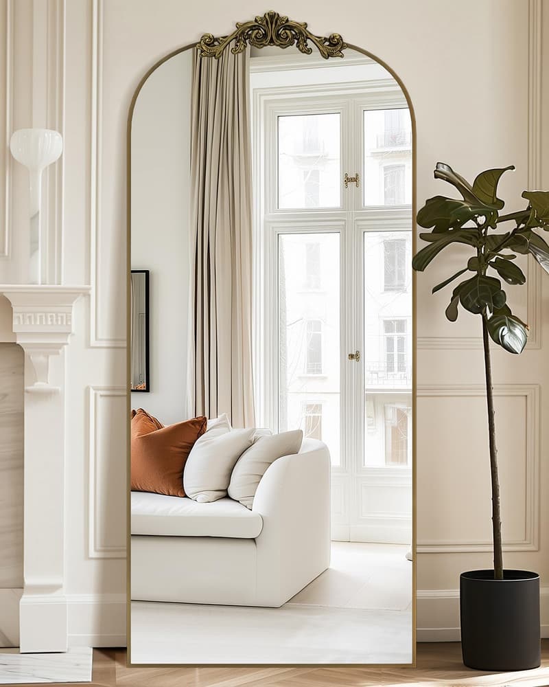 Arched Full-Length Freestanding Mirror with Carved Metal Frame