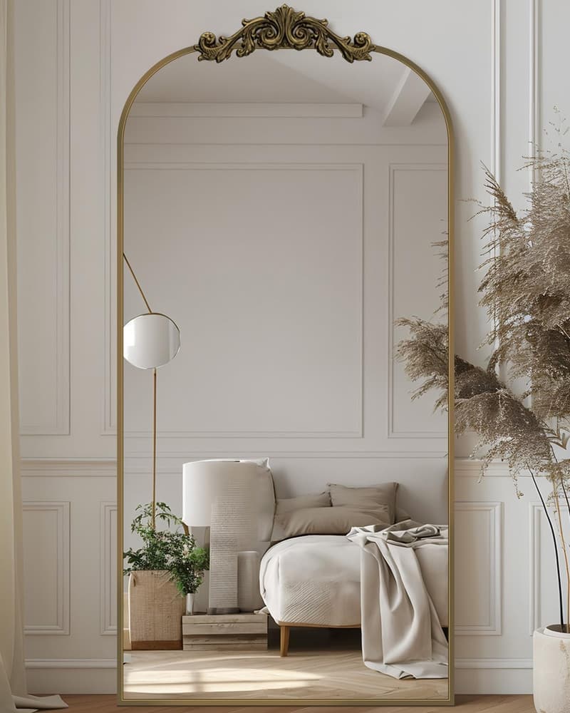 Arched Floor Mirror with Carved Metal Frame, 71