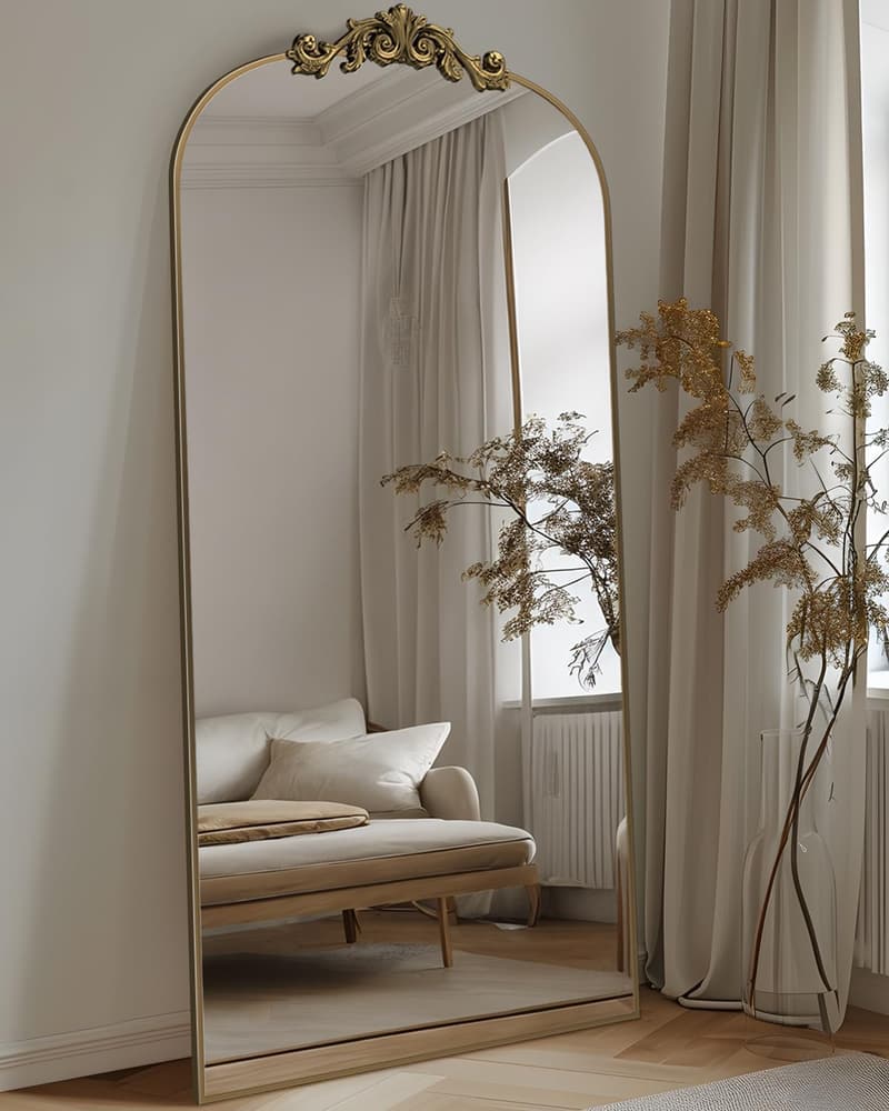 Arched Floor Mirror with Carved Metal Frame, 71