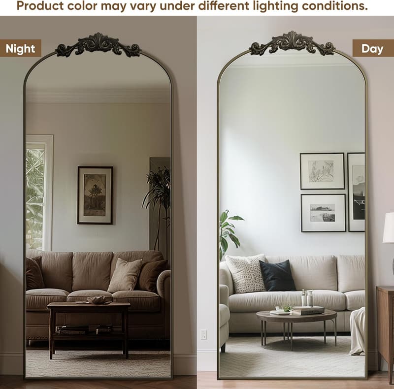 Arched Floor Mirror with Carved Metal Frame, 71