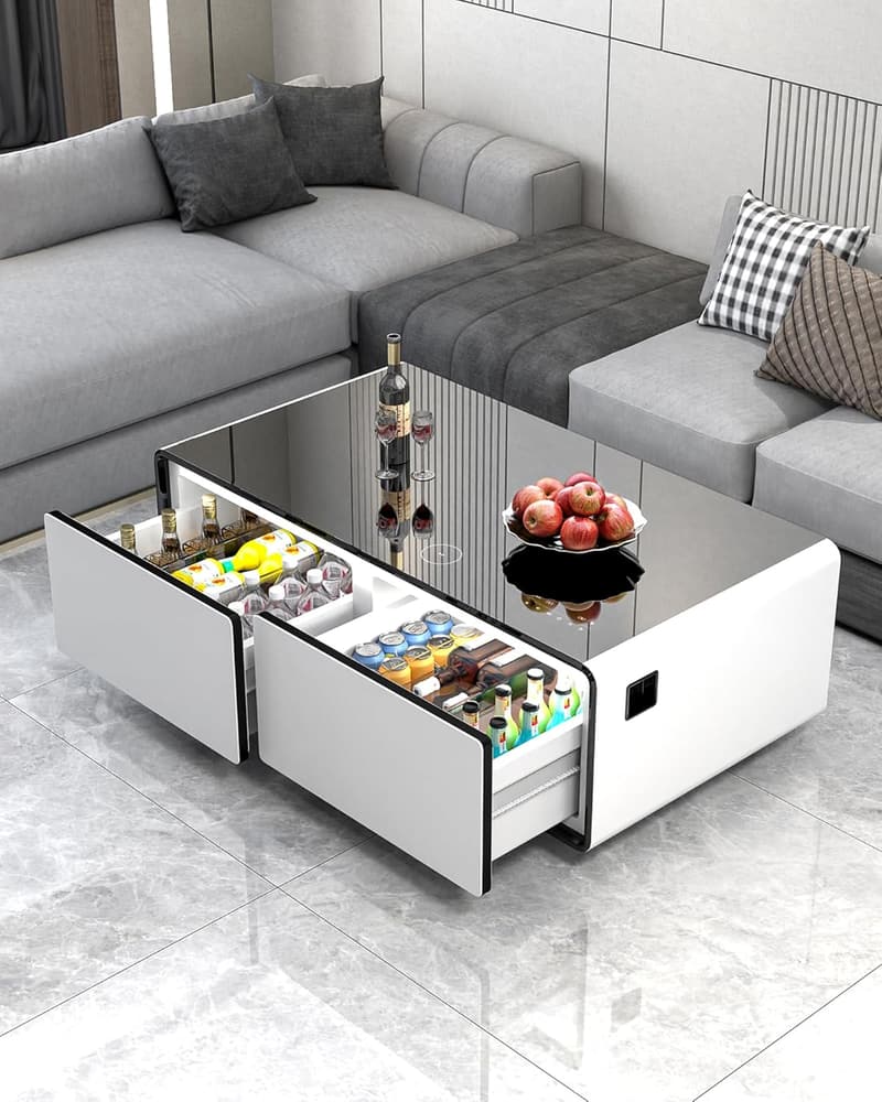 Smart Coffee Table with Built-in Fridge & Speakers, White