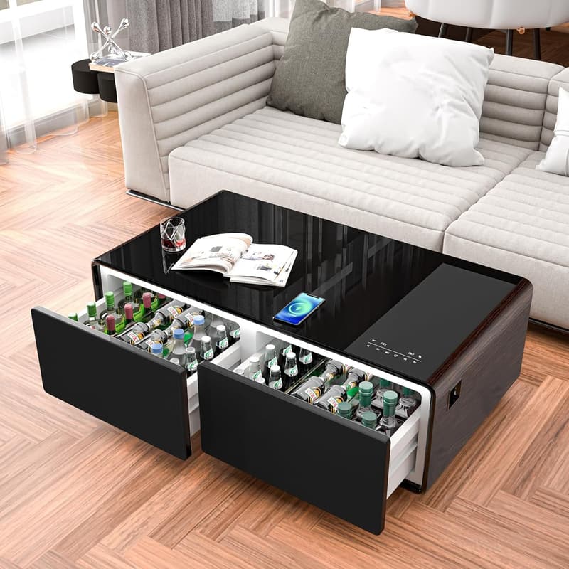 Smart Coffee Table with Fridge & Bluetooth Speaker (Brown)