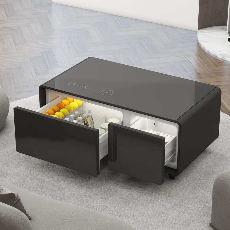 Smart Coffee Table with Fridge & Bluetooth Speaker - Black