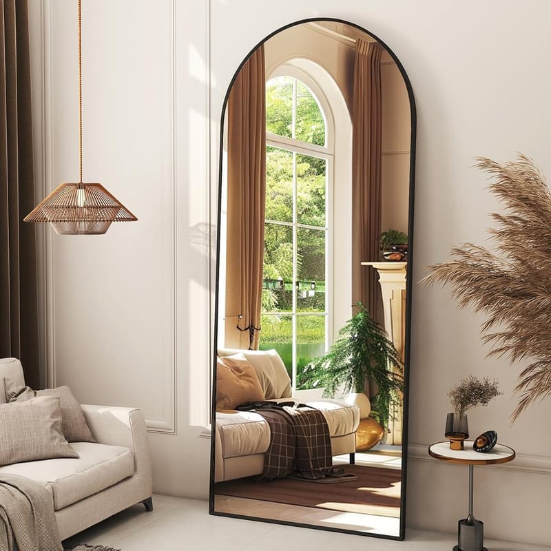 Black Arched Full-Length Floor Mirror with Aluminum Frame