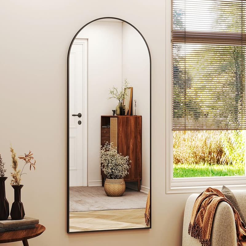 Black Arched Full-Length Floor Mirror with Aluminum Frame