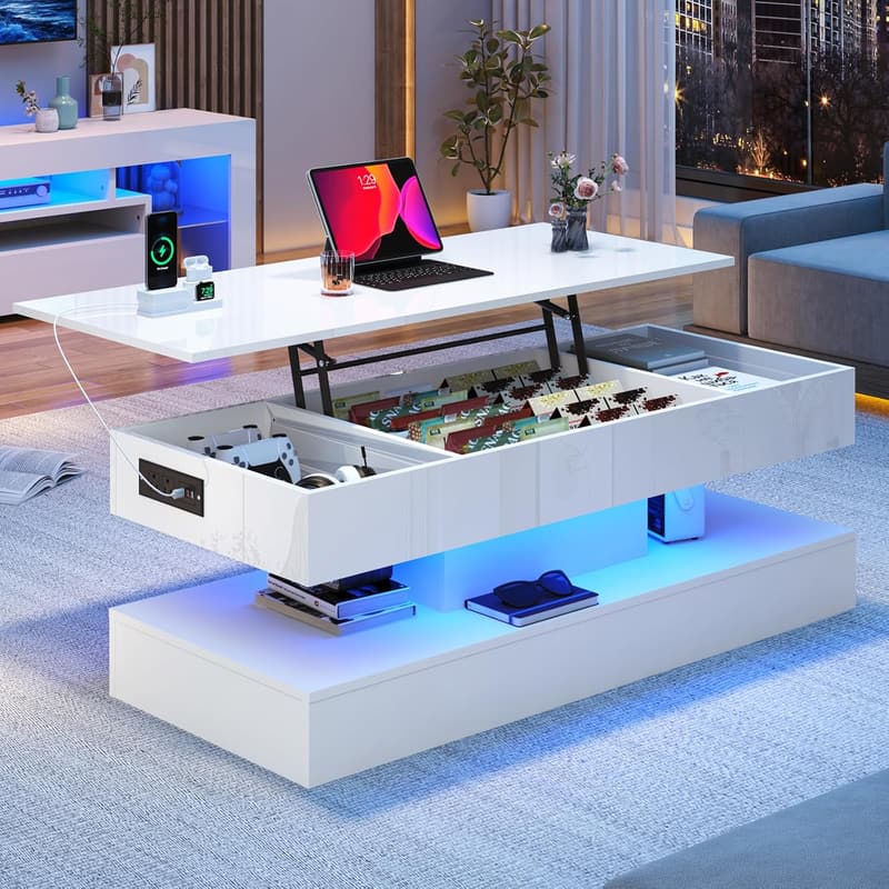 Modern White Lift-Top Coffee Table with LED and Storage Drawer