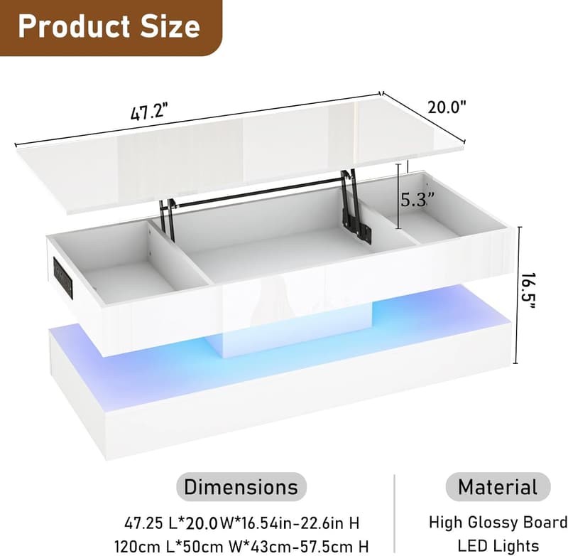 Modern White Lift-Top Coffee Table with LED and Storage Drawer