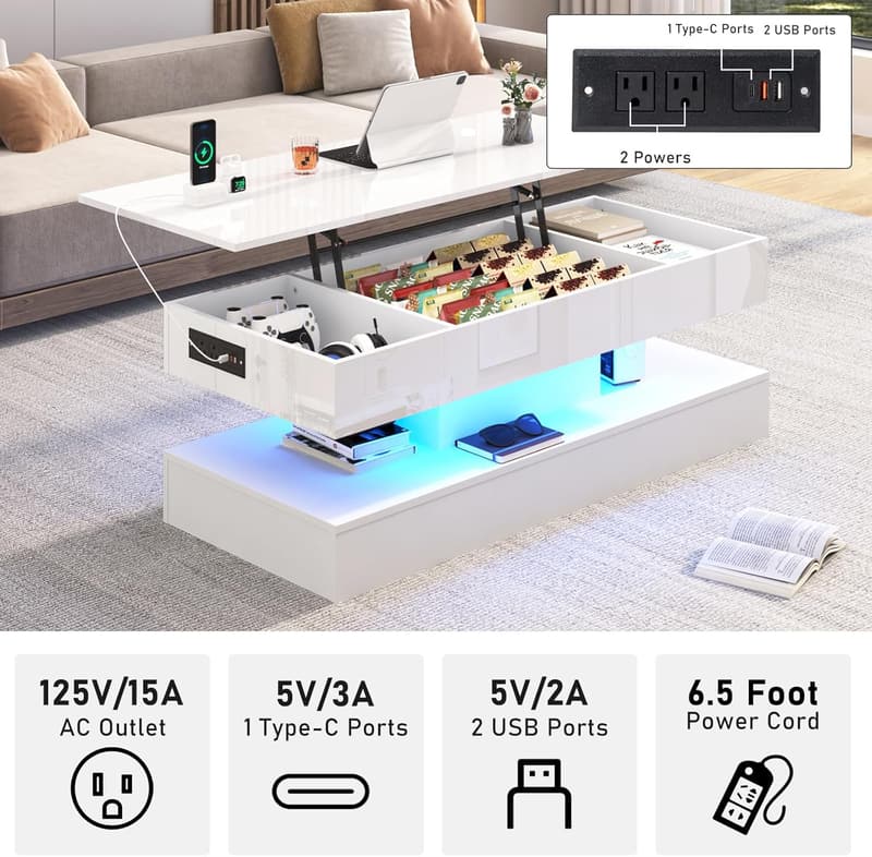 Modern White Lift-Top Coffee Table with LED and Storage Drawer