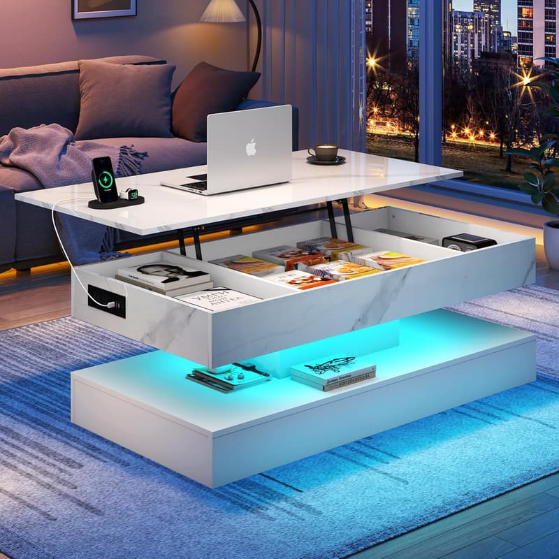 Modern White Lift-Top Coffee Table with Charging Station