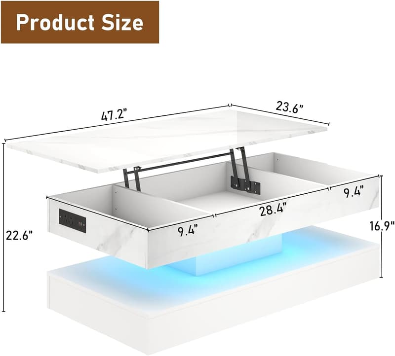 Modern White Lift-Top Coffee Table with Charging Station