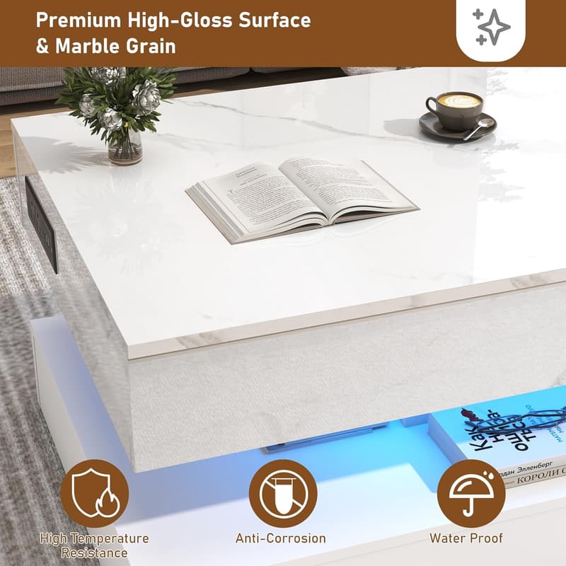 Modern White Lift-Top Coffee Table with Charging Station