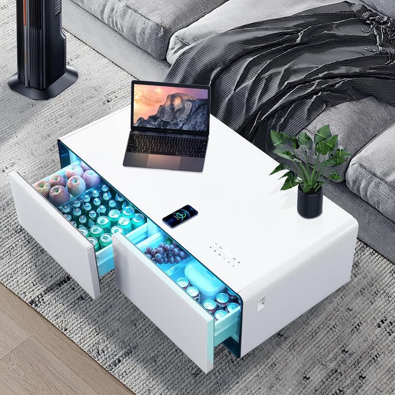 Modern Smart Coffee Table with Built-in Fridge & Wireless Charging