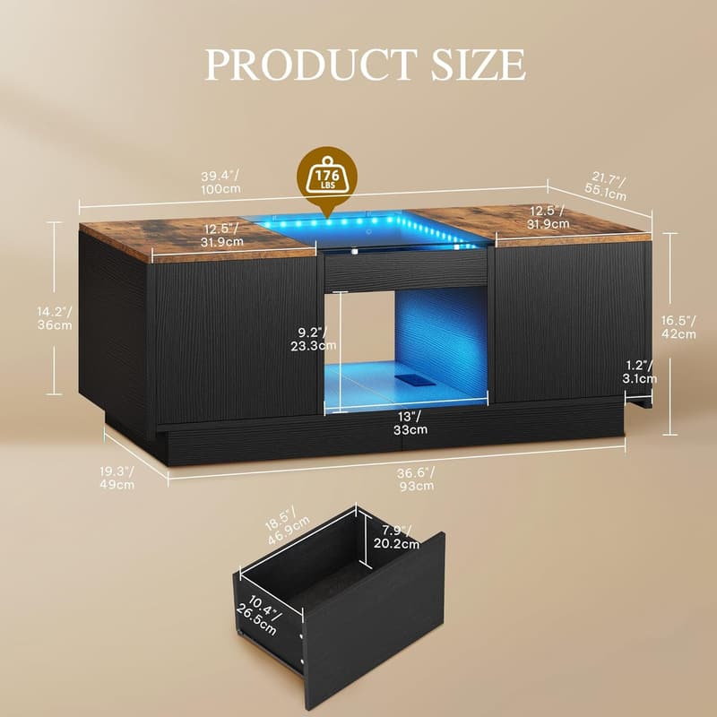 Modern Coffee Table with Storage & USB Ports, Brown