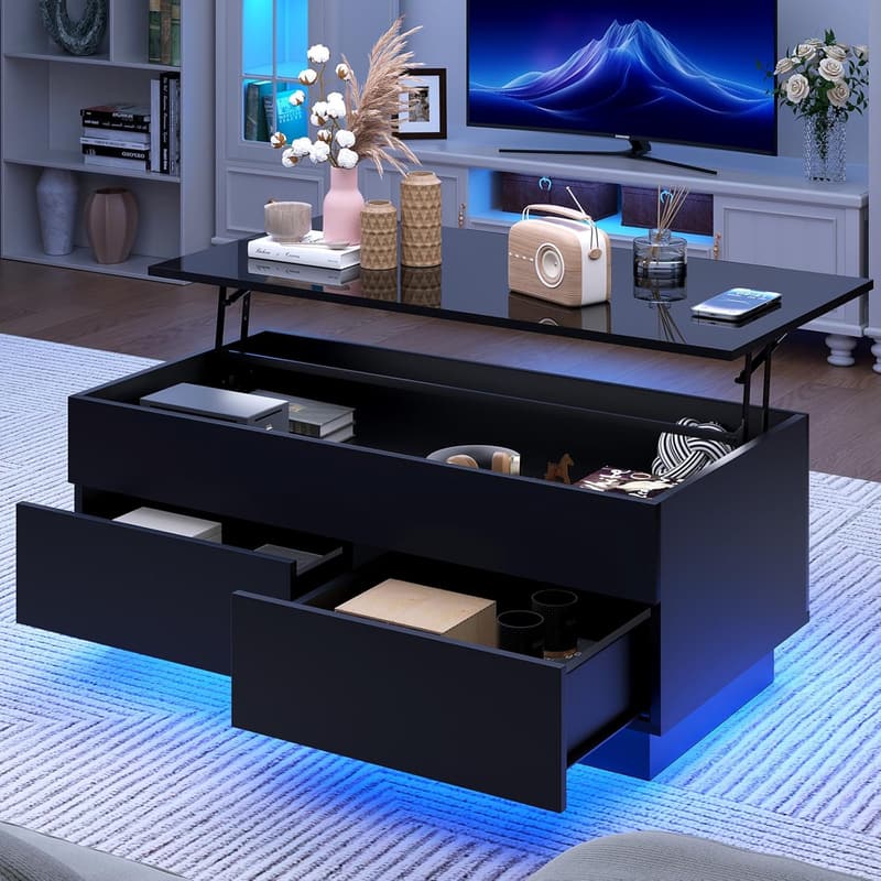 Modern Lift Top Coffee Table with Storage & LED - Black