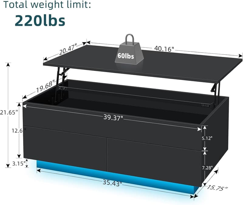 Modern Lift Top Coffee Table with Storage & LED - Black