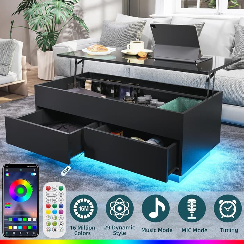 Modern Lift Top Coffee Table with Storage & LED - Black