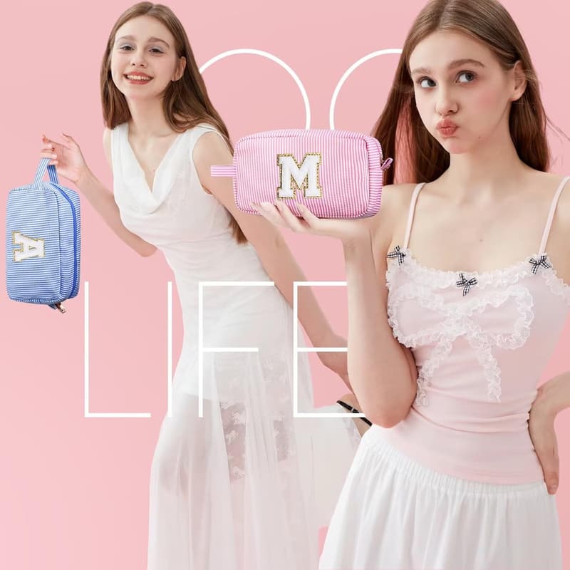 Birthday Gift - Pink Initial Makeup Bag for Women & Teens