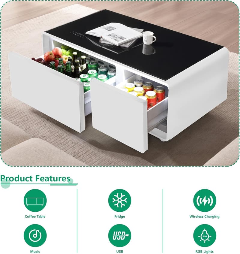 Modern Smart Coffee Table with Built-in Fridge & Wireless Charging