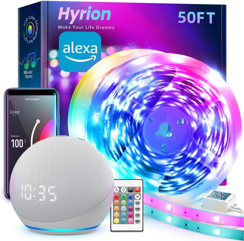 50 ft Smart LED Light Strips - WiFi & Sound Activated, Syncs with Alexa