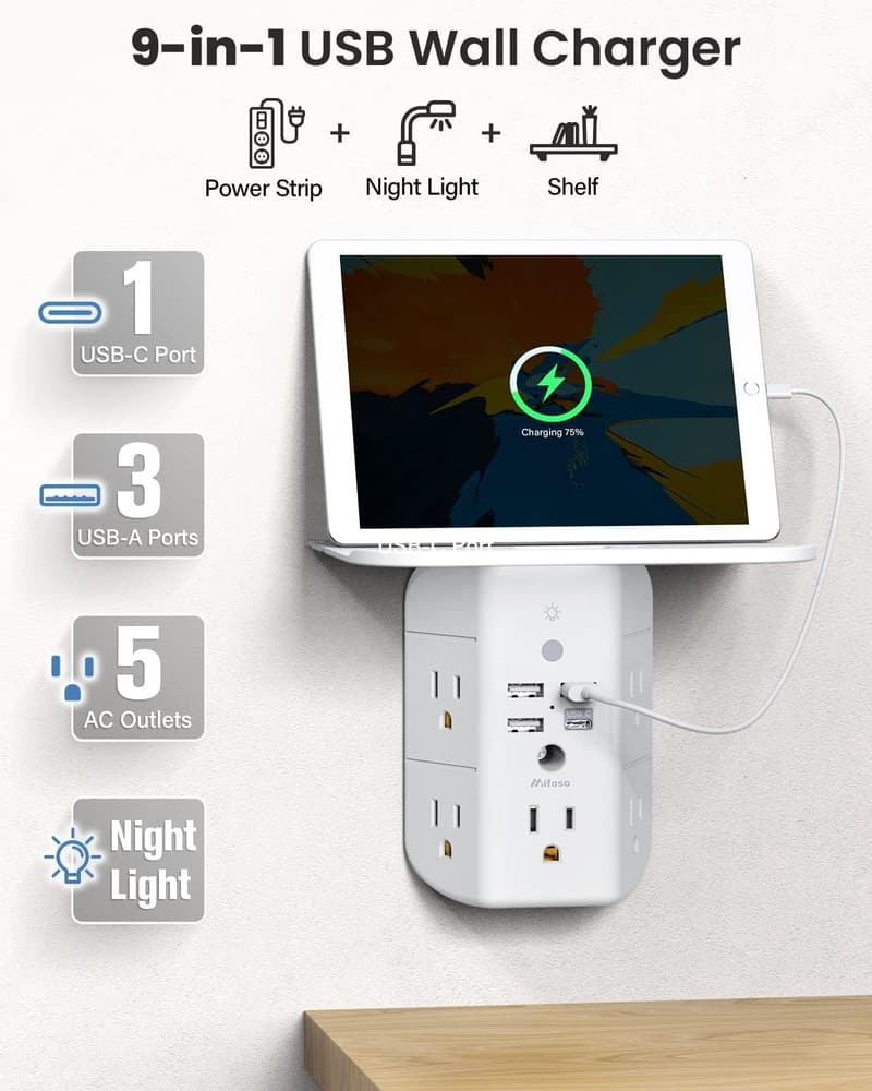 Wall Outlet Extender with Shelf, Surge Protector & USB Ports