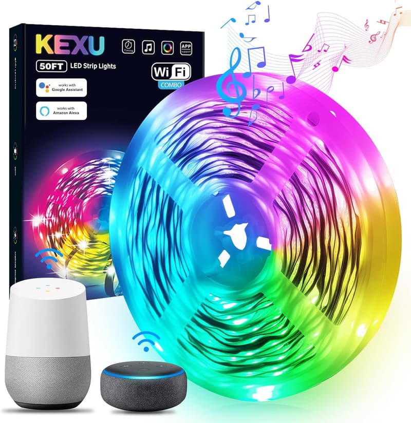 50ft Smart WiFi LED Strip Lights with App Control and Music Sync