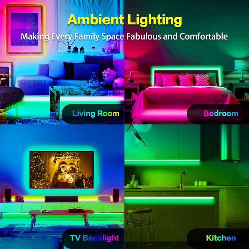 50ft Smart WiFi LED Strip Lights with App Control and Music Sync