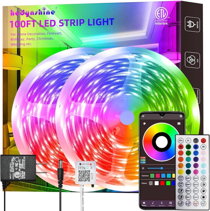 100Ft Smart LED Strip Lights - Dimmable Color Changing, Music Sync