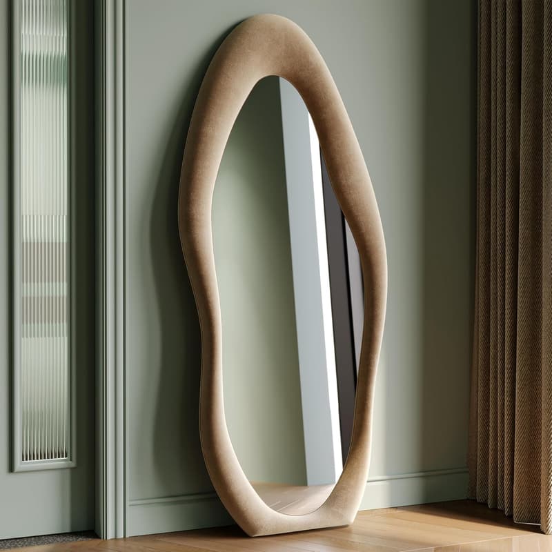 Milk Tea Irregular Wavy Floor Mirror with Flannel Frame, 63