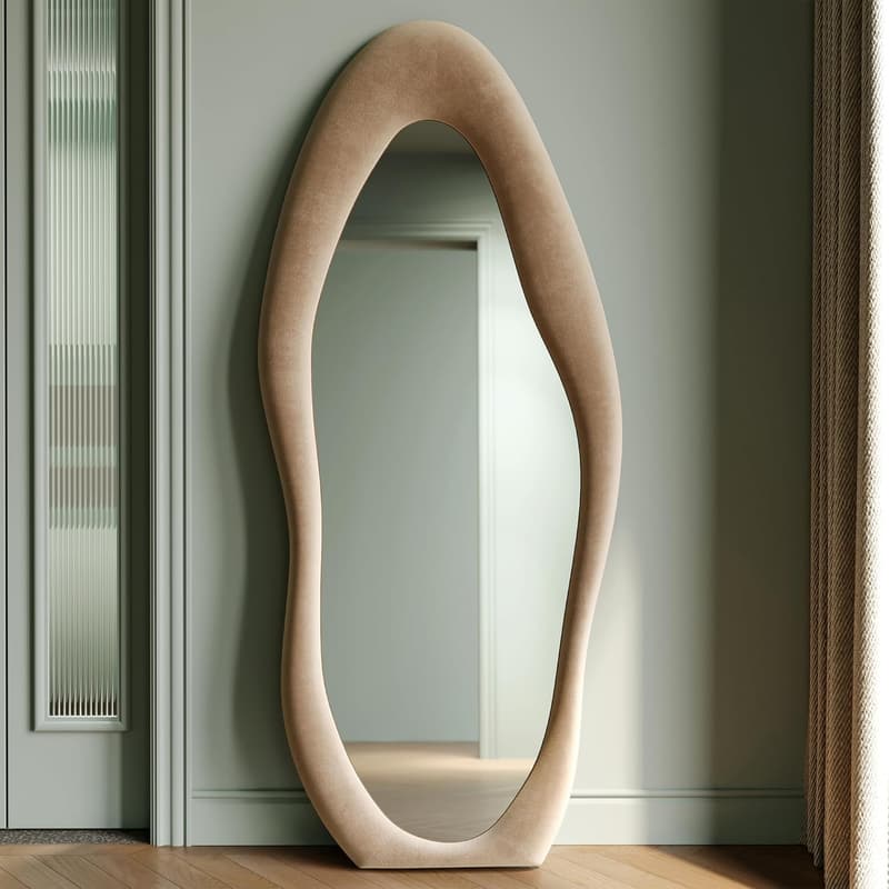 Milk Tea Irregular Wavy Floor Mirror with Flannel Frame, 63