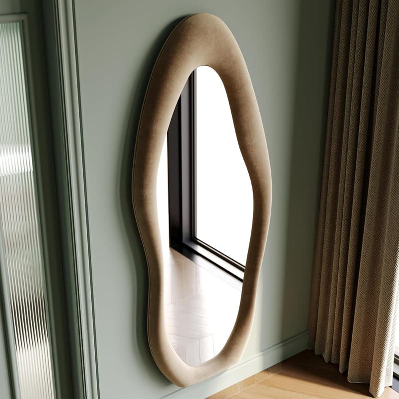 Milk Tea Irregular Wavy Floor Mirror with Flannel Frame, 63
