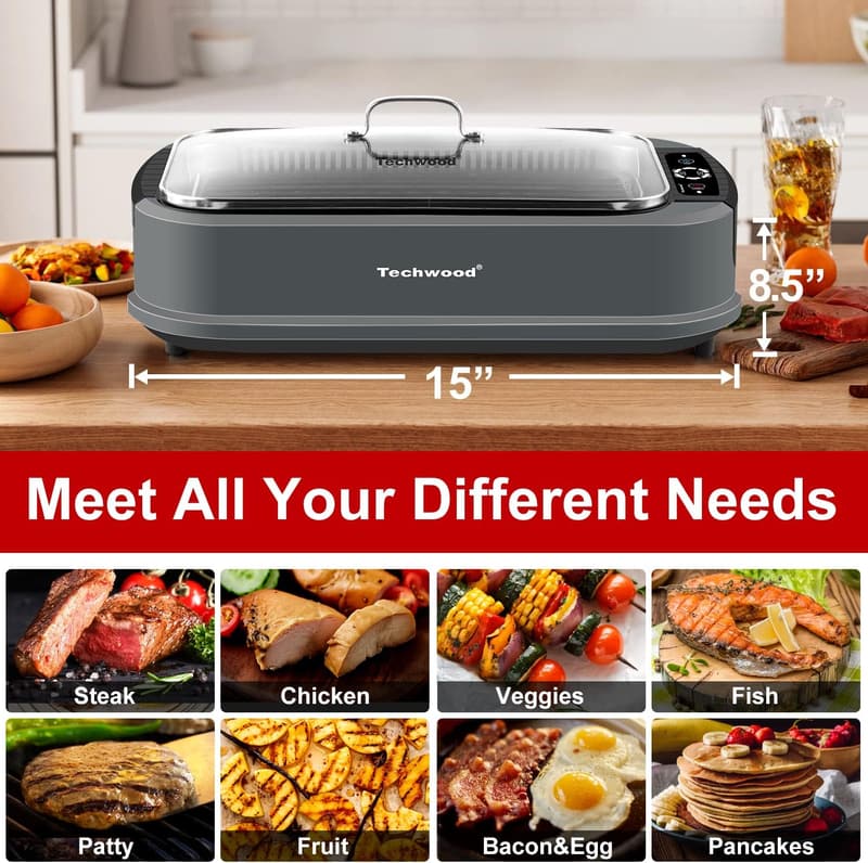 Techwood 1500W Smokeless Indoor Grill with Glass Lid