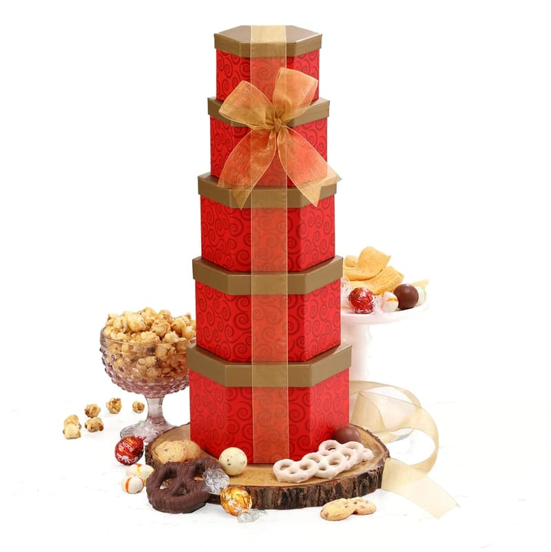 Ruby Red Gift Basket Tower for Anniversary or Birthday