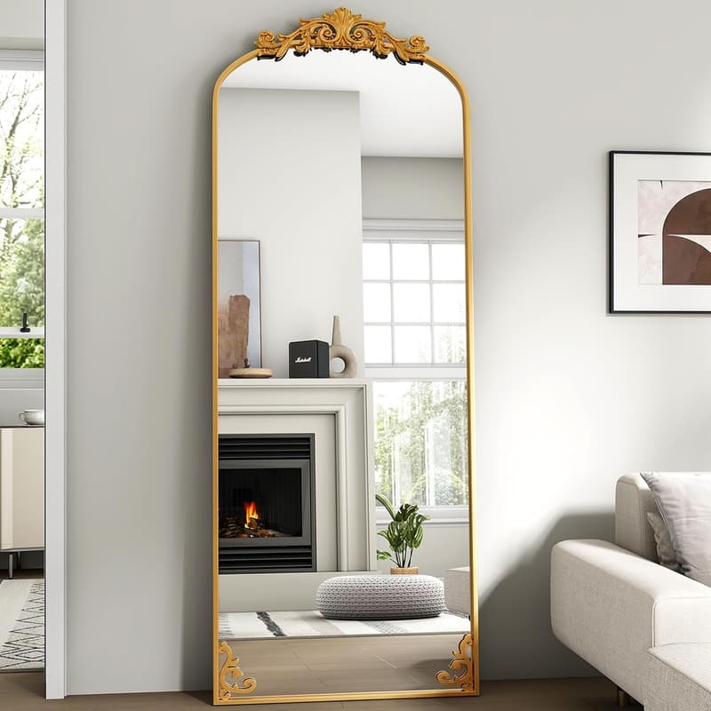 Vintage Gold Arched Freestanding Floor Mirror with Carved Frame