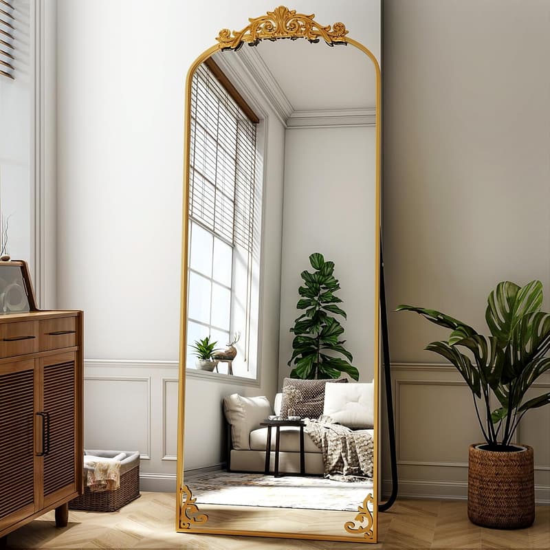 Vintage Gold Arched Freestanding Floor Mirror with Carved Frame