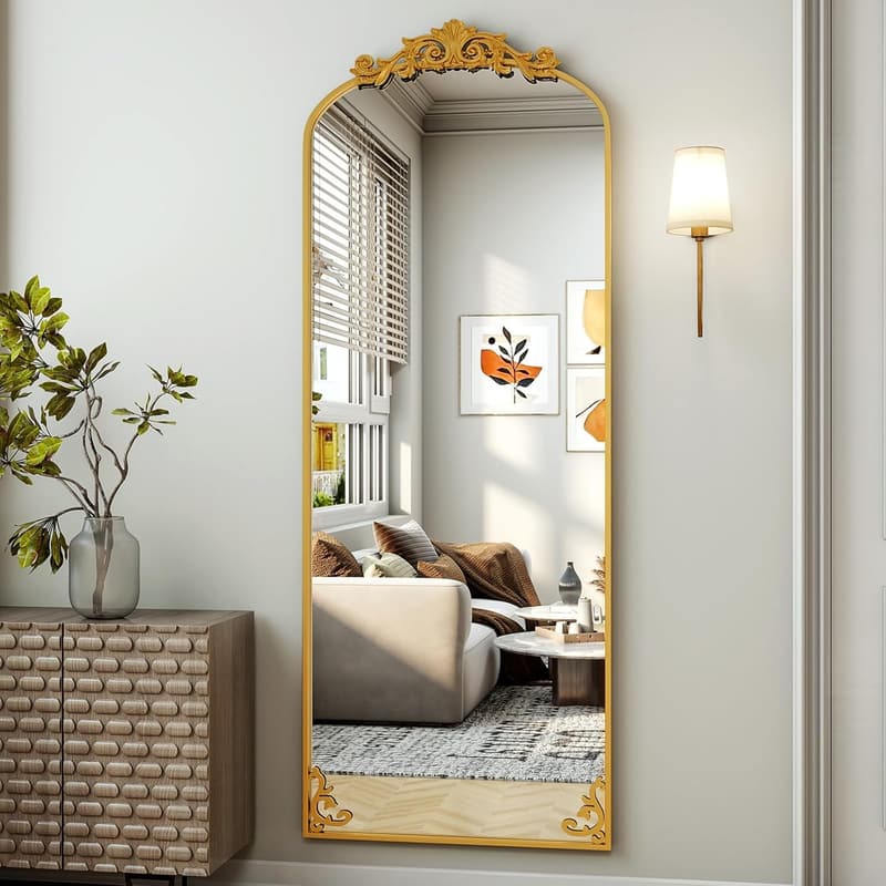 Vintage Gold Arched Freestanding Floor Mirror with Carved Frame