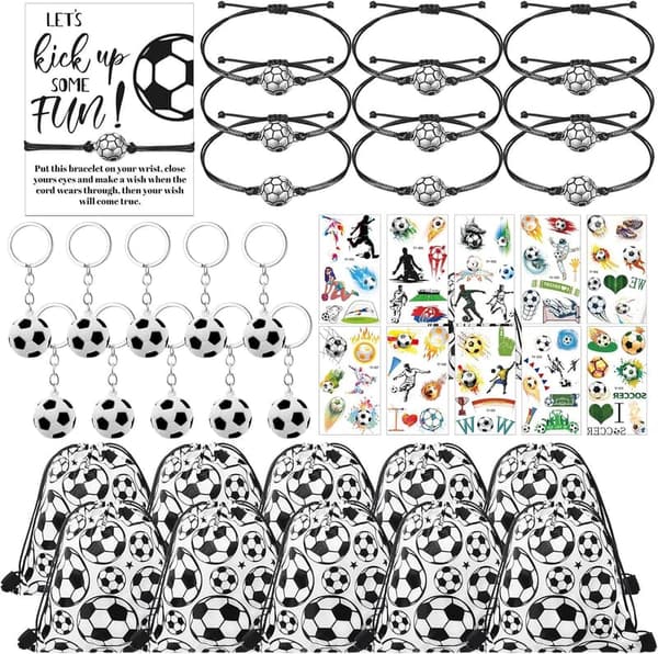 Soccer Party Favors Set - 50 Pcs Drawstring Bags, Bracelets, Keychains, Stickers