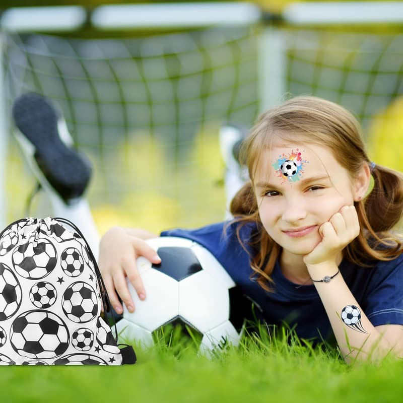 Soccer Party Favors Set - 50 Pcs Drawstring Bags, Bracelets, Keychains, Stickers